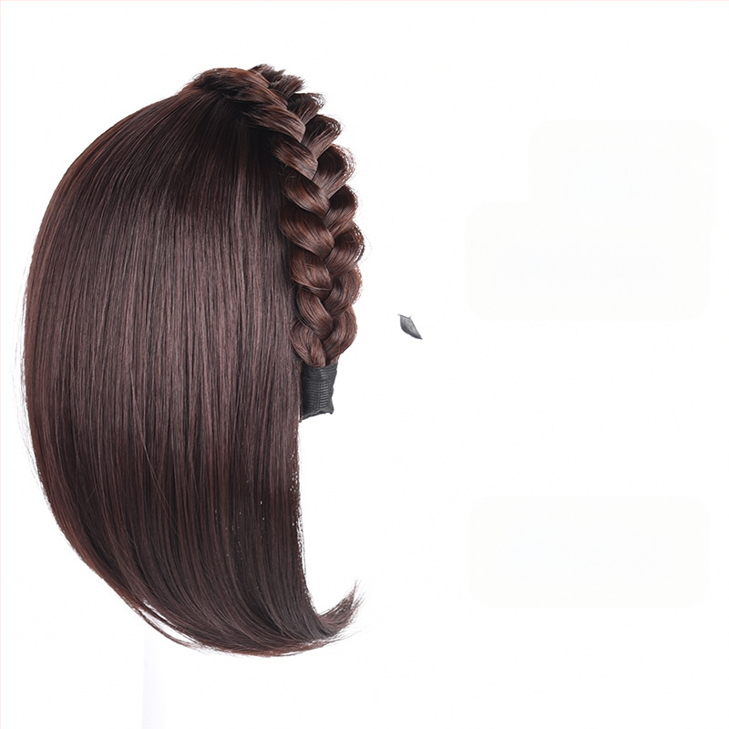 Perucă cu bandă pentru femei, într-un pies, păr sintetic, fibre rezistente la temperaturi înalte, păr scurt, stil drept, model cu cerc răsucit pentru volum