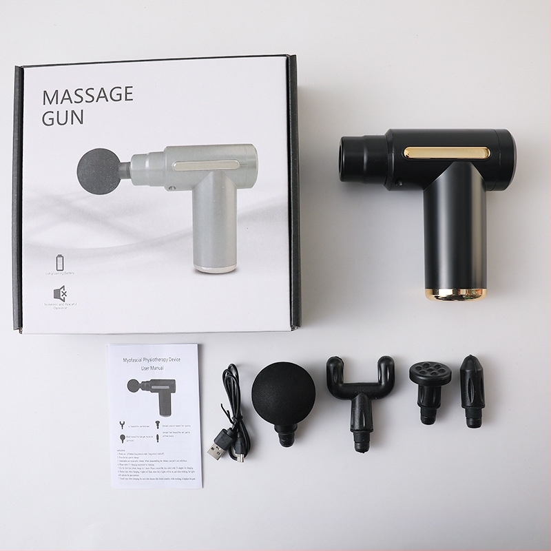 Mini kaasaskantav fascia-püstol massaažiks muskuulude lõõgastuseks ja kaela lülisamba massaažiks — Harjatud mootor, LCD-ekraan, 5+ kiirust, 4 massaažipead, Sisseehitatud aku 500–800 mAh