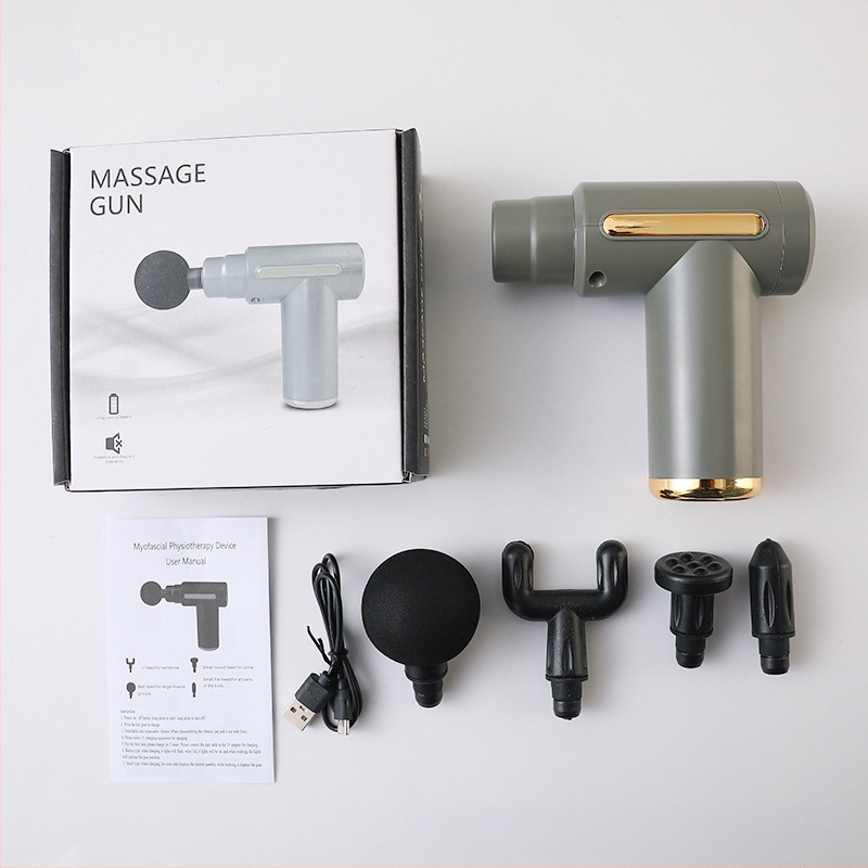 Mini kaasaskantav fascia-püstol massaažiks muskuulude lõõgastuseks ja kaela lülisamba massaažiks — Harjatud mootor, LCD-ekraan, 5+ kiirust, 4 massaažipead, Sisseehitatud aku 500–800 mAh