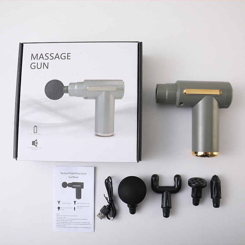 Mini kaasaskantav fascia-püstol massaažiks muskuulude lõõgastuseks ja kaela lülisamba massaažiks — Harjatud mootor, LCD-ekraan, 5+ kiirust, 4 massaažipead, Sisseehitatud aku 500–800 mAh