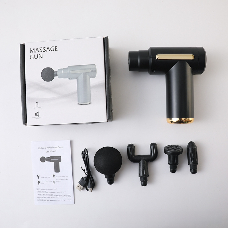 Mini kaasaskantav fascia-püstol massaažiks muskuulude lõõgastuseks ja kaela lülisamba massaažiks — Harjatud mootor, LCD-ekraan, 5+ kiirust, 4 massaažipead, Sisseehitatud aku 500–800 mAh