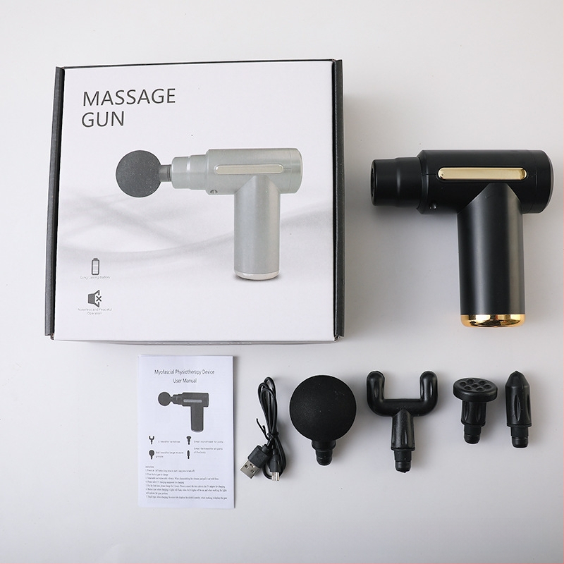 Mini kaasaskantav fascia-püstol massaažiks muskuulude lõõgastuseks ja kaela lülisamba massaažiks — Harjatud mootor, LCD-ekraan, 5+ kiirust, 4 massaažipead, Sisseehitatud aku 500–800 mAh
