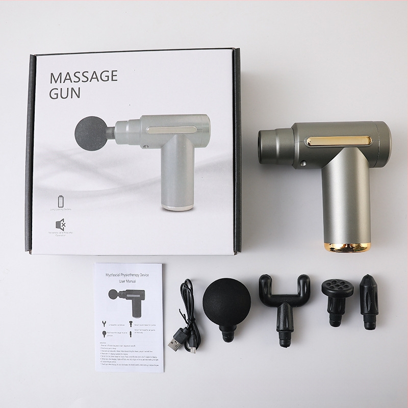 Mini kaasaskantav fascia-püstol massaažiks muskuulude lõõgastuseks ja kaela lülisamba massaažiks — Harjatud mootor, LCD-ekraan, 5+ kiirust, 4 massaažipead, Sisseehitatud aku 500–800 mAh