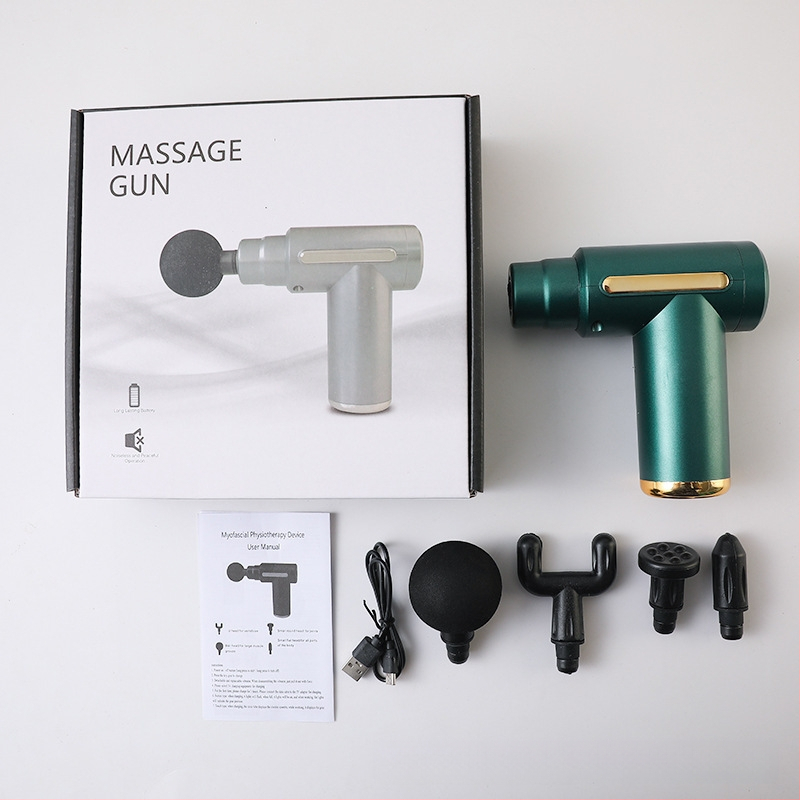 Mini kaasaskantav fascia-püstol massaažiks muskuulude lõõgastuseks ja kaela lülisamba massaažiks — Harjatud mootor, LCD-ekraan, 5+ kiirust, 4 massaažipead, Sisseehitatud aku 500–800 mAh