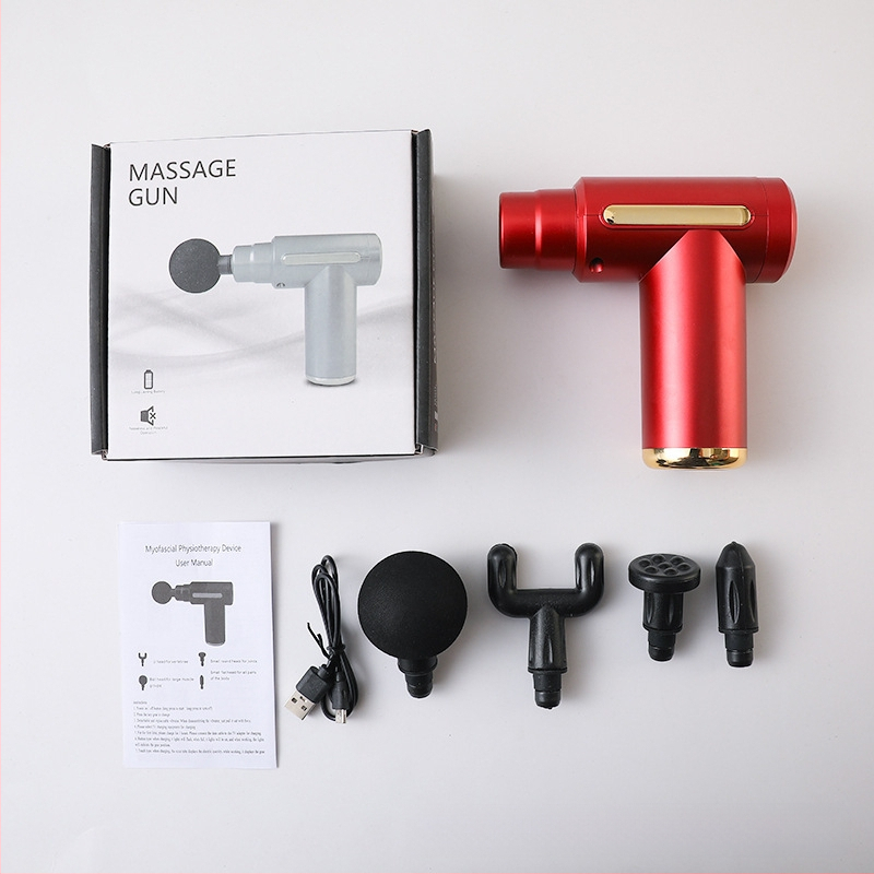 Mini kaasaskantav fascia-püstol massaažiks muskuulude lõõgastuseks ja kaela lülisamba massaažiks — Harjatud mootor, LCD-ekraan, 5+ kiirust, 4 massaažipead, Sisseehitatud aku 500–800 mAh