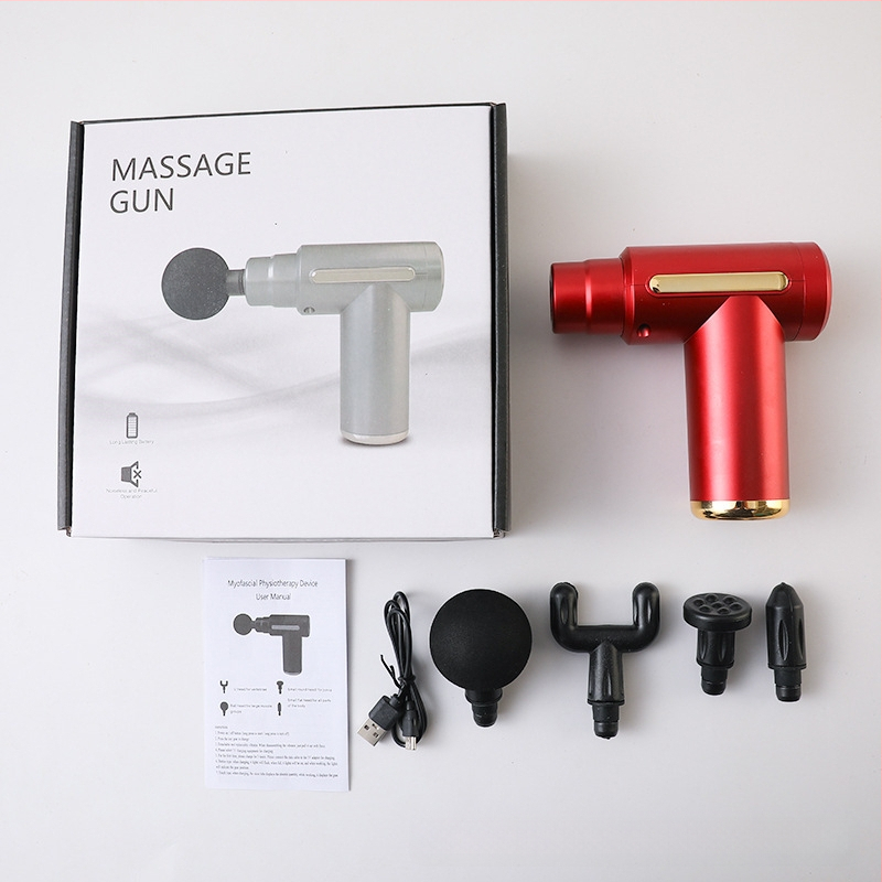 Mini kaasaskantav fascia-püstol massaažiks muskuulude lõõgastuseks ja kaela lülisamba massaažiks — Harjatud mootor, LCD-ekraan, 5+ kiirust, 4 massaažipead, Sisseehitatud aku 500–800 mAh