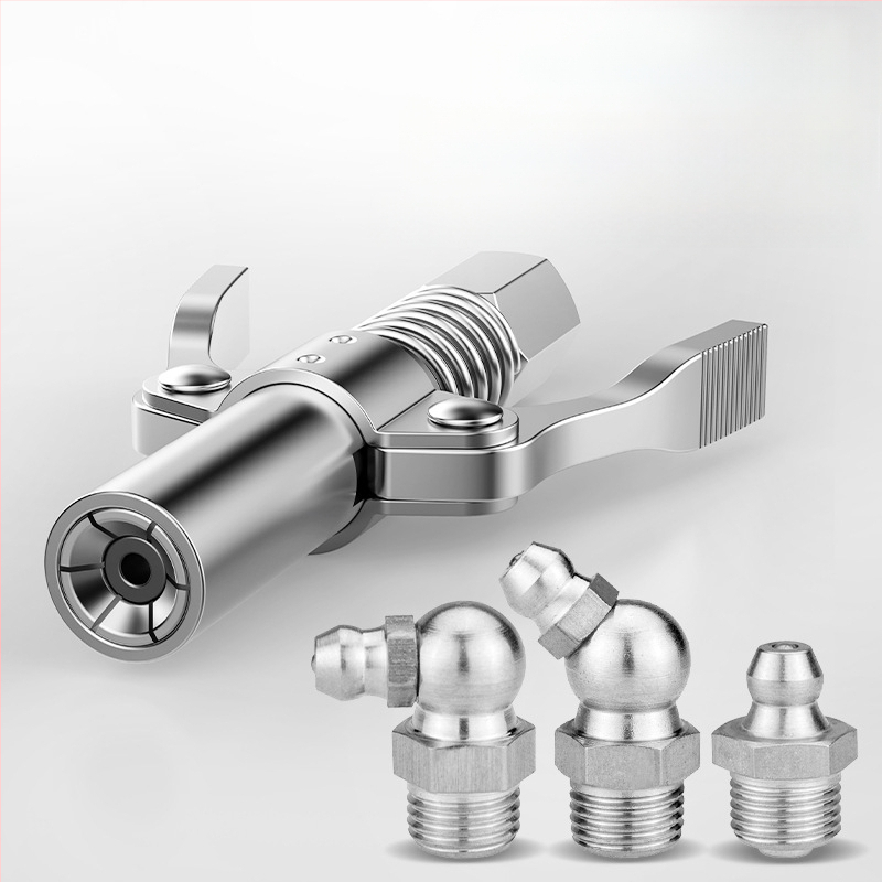 Vajas pisztoly fújófej zárócsíkkal és magasnyomású zsírzófejjel, modell 981, acél kivitel, működő nyomás 21, csőkapacitás 1, nettó tömeg 128 g