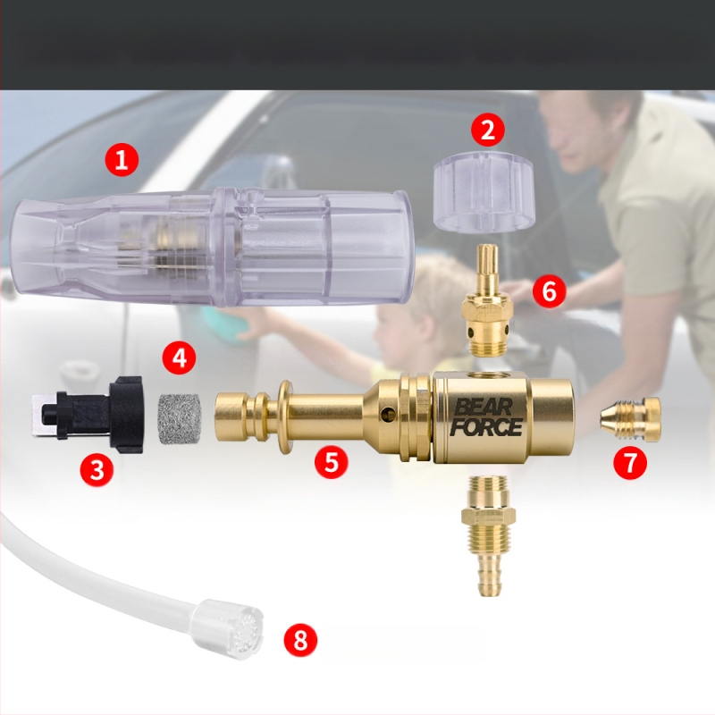 Duză de spumă cu presiune înaltă pentru spălarea mașinilor – corp din aluminiu placat cu cupru, plastic; distanță de pulverizare 2 m; presiune 276 bar / 4000 psi; greutate 0,4 kg; dimensiuni 16×13×18 cm