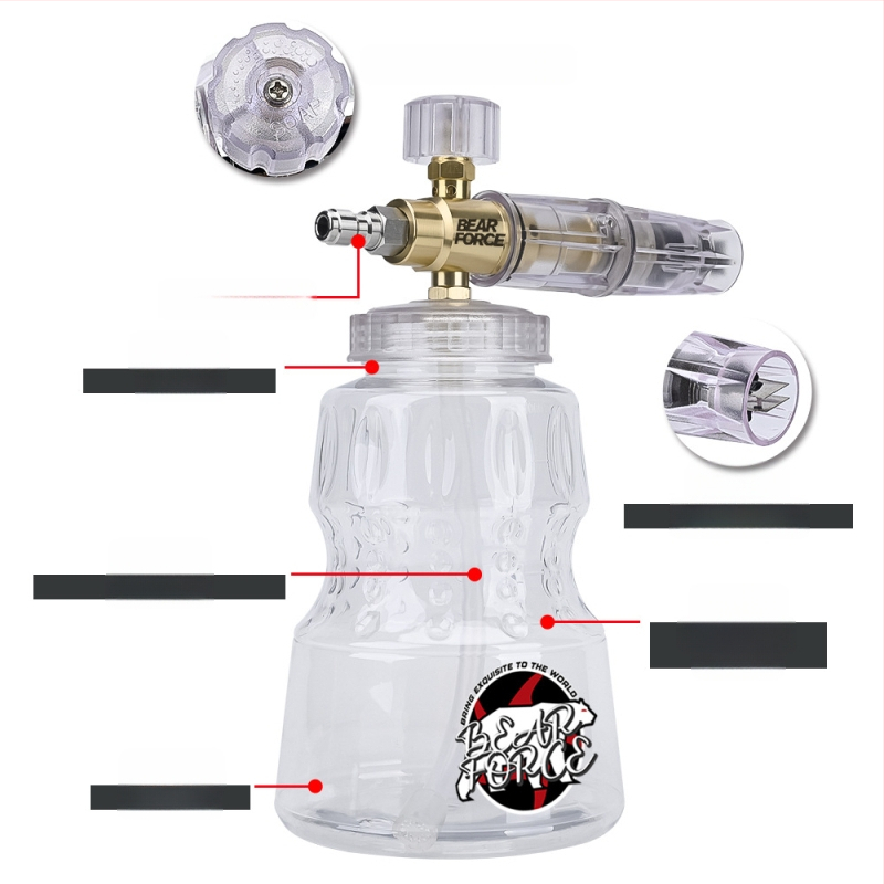 Duză de spumă cu presiune înaltă pentru spălarea mașinilor – corp din aluminiu placat cu cupru, plastic; distanță de pulverizare 2 m; presiune 276 bar / 4000 psi; greutate 0,4 kg; dimensiuni 16×13×18 cm