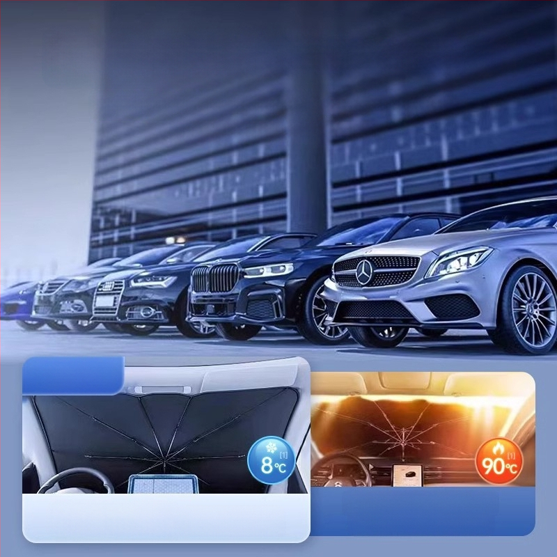 Autó napvédő árnyékoló a frontszélvédőhöz; titánium ezüst anyag; snap-in telepítés; alkalmazható részek: első alkatrészek; minta: márkajel logó; logó nyomtatás elérhető