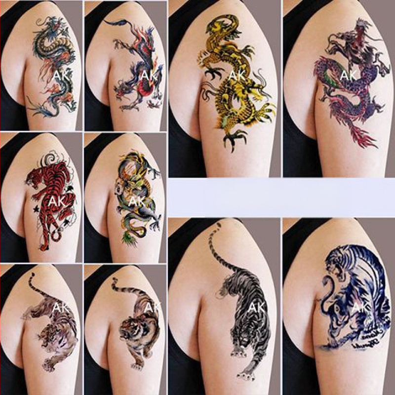 Juodosios gyvatės tatuiruočių lipdukų rinkinys: vilko galva, Pixiu, drakono galvos motyvai ant rankos — atsparūs vandeniui, universalūs, Fill Art