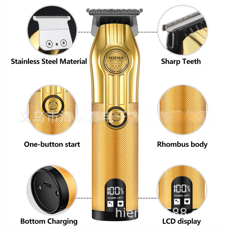 HIENA profesionalus USB įkraunamas plaukų kirpimo įrankis su titano lydinio peiliukais, šepetėlinis variklis, įmontuota baterija, žemas triukšmo lygis 36–45 dB