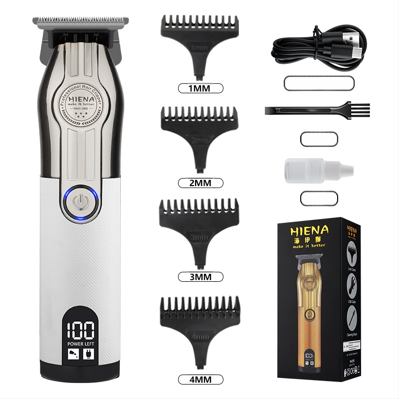 HIENA profesionalus USB įkraunamas plaukų kirpimo įrankis su titano lydinio peiliukais, šepetėlinis variklis, įmontuota baterija, žemas triukšmo lygis 36–45 dB
