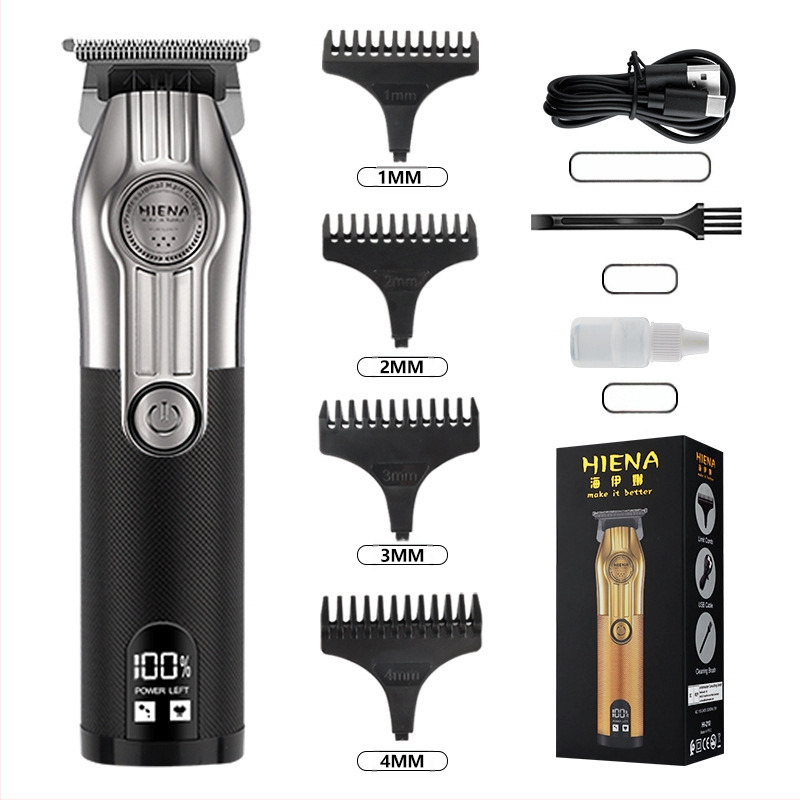 HIENA profesionalus USB įkraunamas plaukų kirpimo įrankis su titano lydinio peiliukais, šepetėlinis variklis, įmontuota baterija, žemas triukšmo lygis 36–45 dB
