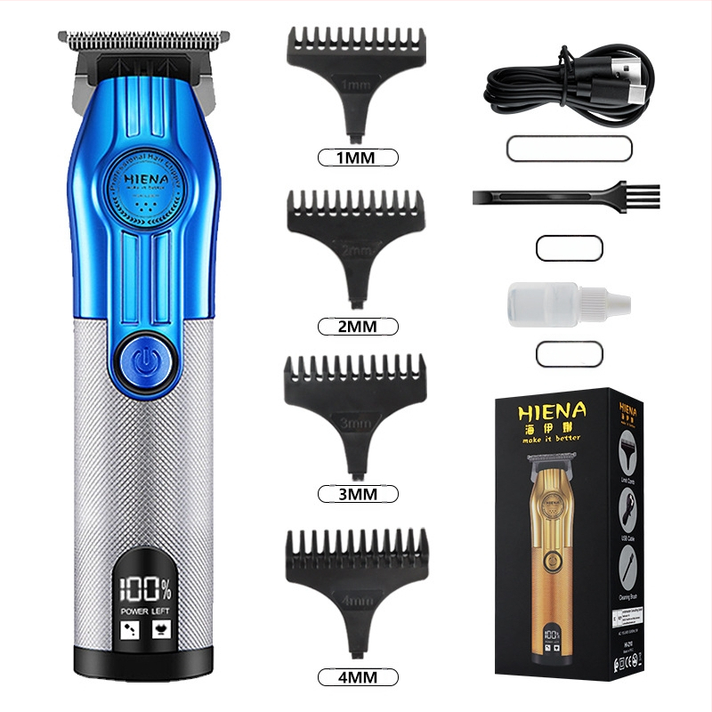 HIENA profesionalus USB įkraunamas plaukų kirpimo įrankis su titano lydinio peiliukais, šepetėlinis variklis, įmontuota baterija, žemas triukšmo lygis 36–45 dB