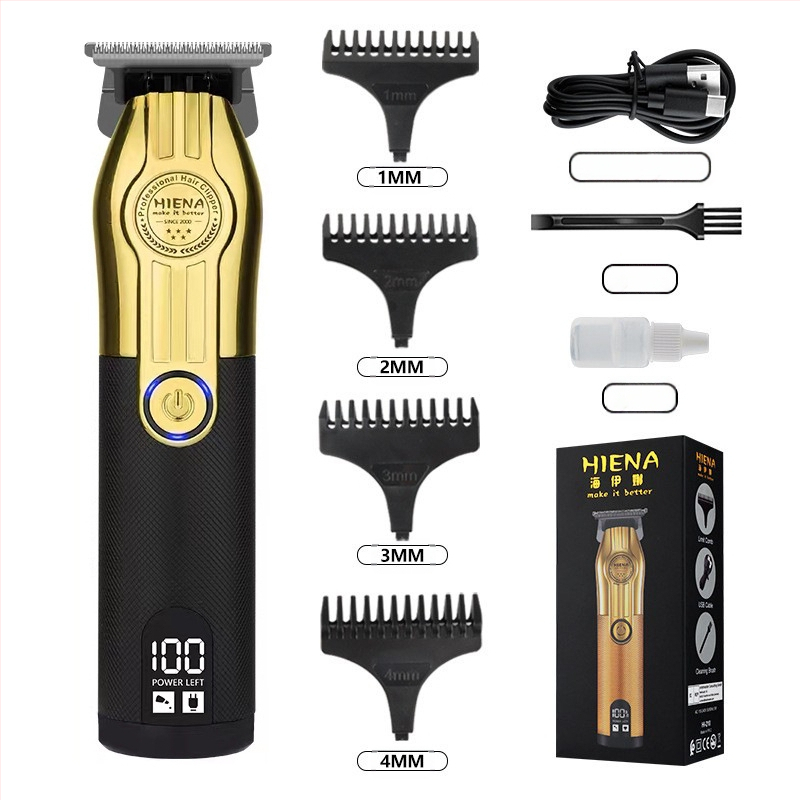 HIENA profesionalus USB įkraunamas plaukų kirpimo įrankis su titano lydinio peiliukais, šepetėlinis variklis, įmontuota baterija, žemas triukšmo lygis 36–45 dB