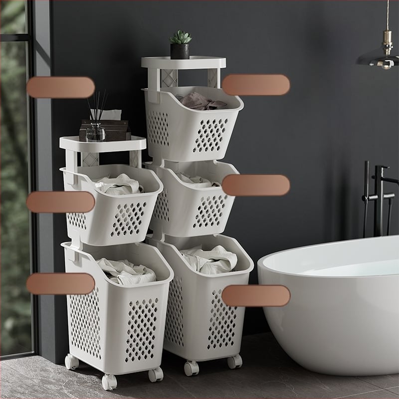 Daugiasluoksnis skalbinių krepšys su ratukais – PP medžiaga, namų ūkio/vonios naudojimui, modernus stilius