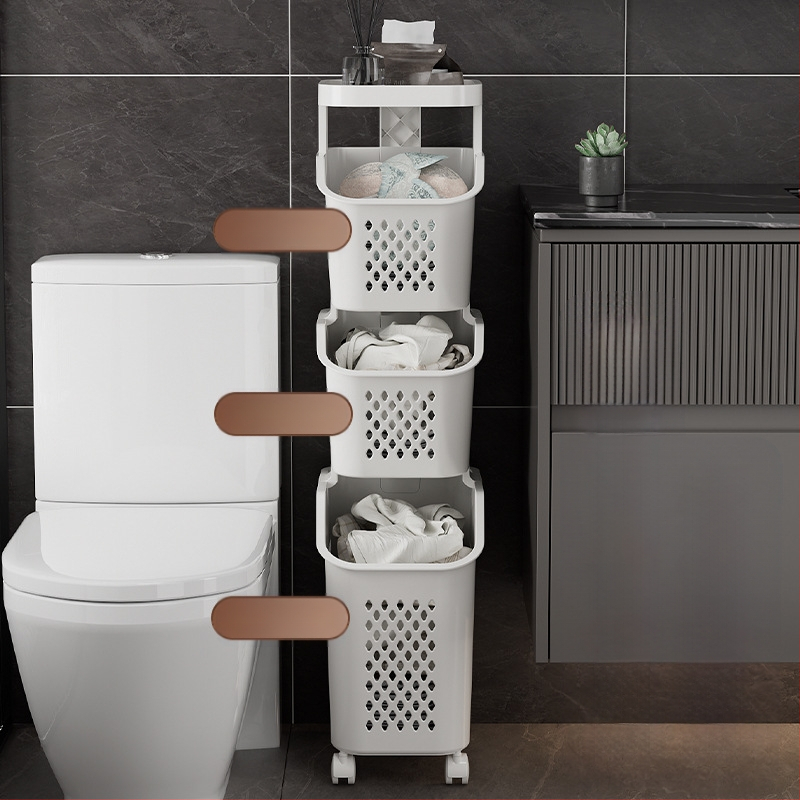 Daugiasluoksnis skalbinių krepšys su ratukais – PP medžiaga, namų ūkio/vonios naudojimui, modernus stilius