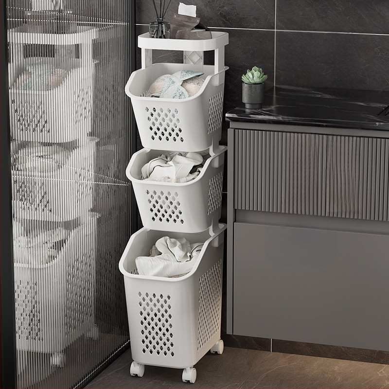 Daugiasluoksnis skalbinių krepšys su ratukais – PP medžiaga, namų ūkio/vonios naudojimui, modernus stilius