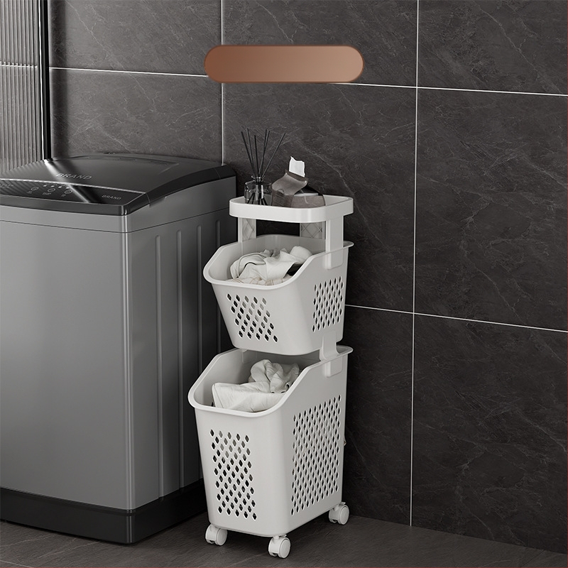 Daugiasluoksnis skalbinių krepšys su ratukais – PP medžiaga, namų ūkio/vonios naudojimui, modernus stilius