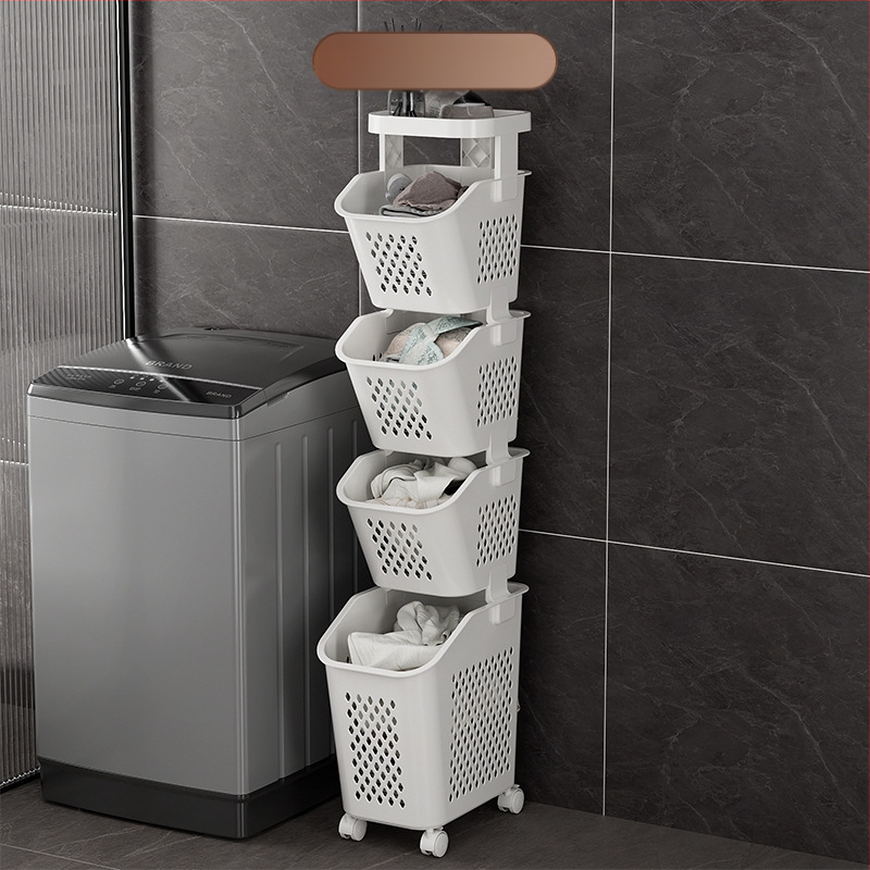 Daugiasluoksnis skalbinių krepšys su ratukais – PP medžiaga, namų ūkio/vonios naudojimui, modernus stilius