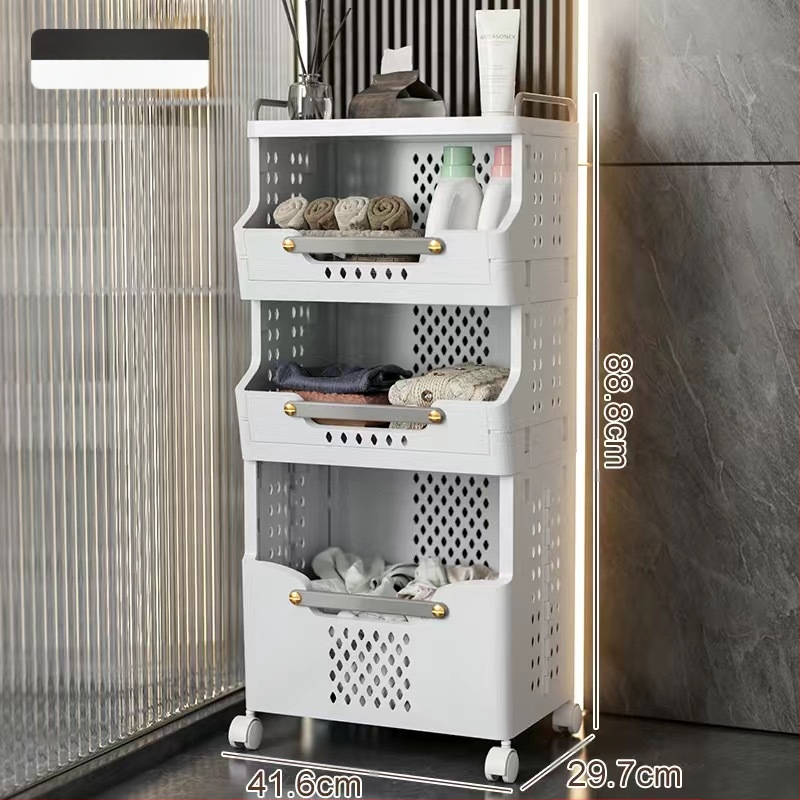 Daugiasluoksnis skalbinių krepšys su ratukais – PP medžiaga, namų ūkio/vonios naudojimui, modernus stilius