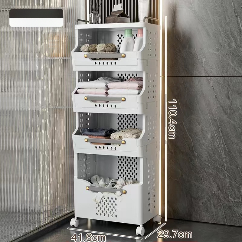 Daugiasluoksnis skalbinių krepšys su ratukais – PP medžiaga, namų ūkio/vonios naudojimui, modernus stilius