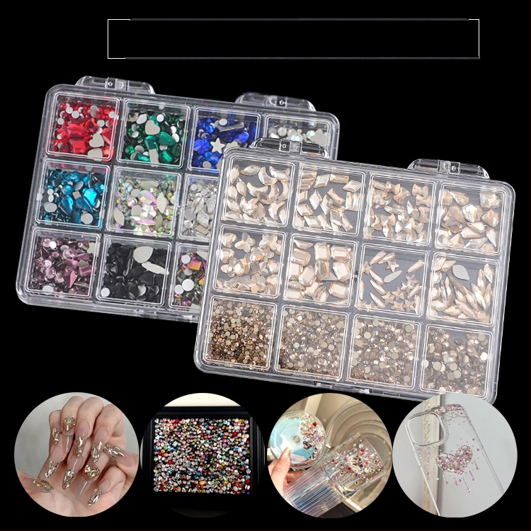 Jane Workshop серия Princess, кутия за кристали за маникюр с 12 секции, стъклени кристали, плоско дъно, мотиви: пеперуда, луна, водна капка, звезди