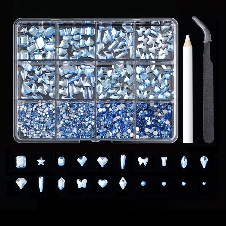 Jane Workshop серия Princess, кутия за кристали за маникюр с 12 секции, стъклени кристали, плоско дъно, мотиви: пеперуда, луна, водна капка, звезди