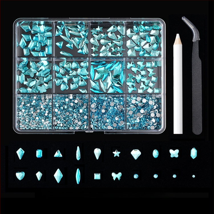 Jane Workshop серия Princess, кутия за кристали за маникюр с 12 секции, стъклени кристали, плоско дъно, мотиви: пеперуда, луна, водна капка, звезди