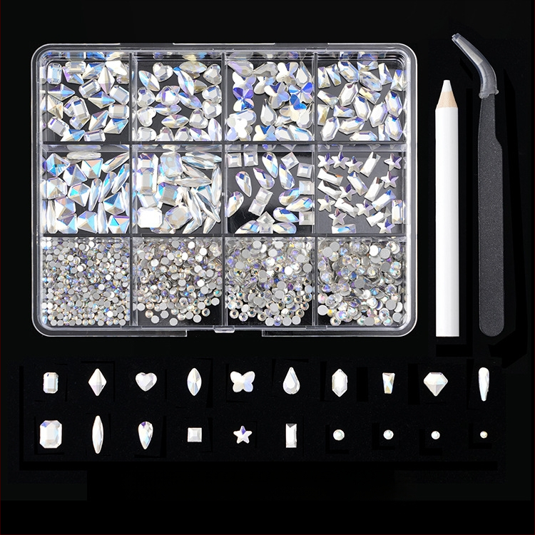 Jane Workshop серия Princess, кутия за кристали за маникюр с 12 секции, стъклени кристали, плоско дъно, мотиви: пеперуда, луна, водна капка, звезди