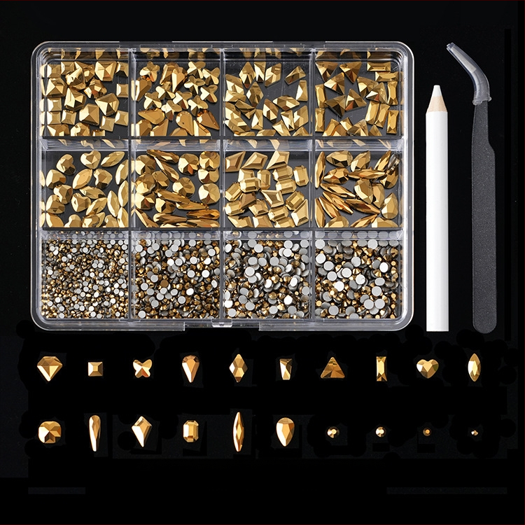 Jane Workshop серия Princess, кутия за кристали за маникюр с 12 секции, стъклени кристали, плоско дъно, мотиви: пеперуда, луна, водна капка, звезди