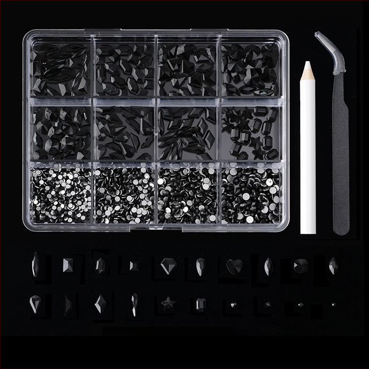 Jane Workshop серия Princess, кутия за кристали за маникюр с 12 секции, стъклени кристали, плоско дъно, мотиви: пеперуда, луна, водна капка, звезди