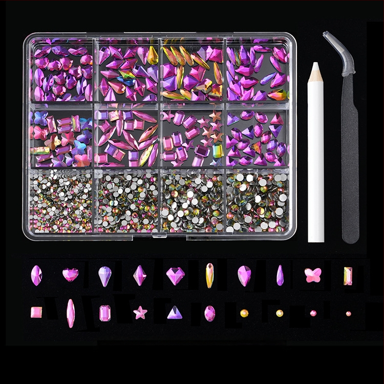 Jane Workshop серия Princess, кутия за кристали за маникюр с 12 секции, стъклени кристали, плоско дъно, мотиви: пеперуда, луна, водна капка, звезди