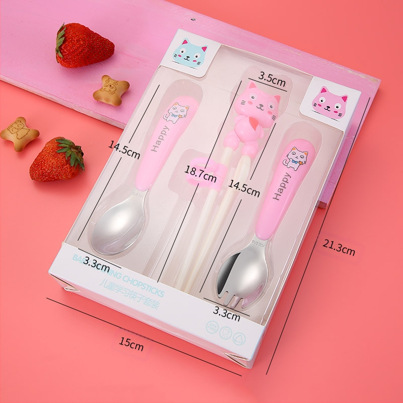 Детски комплект прибори от 304 неръждаема стомана за учене на палочки, вилица и лъжичка, карикатурен дизайн, огледално полиране, персонализируемо лого