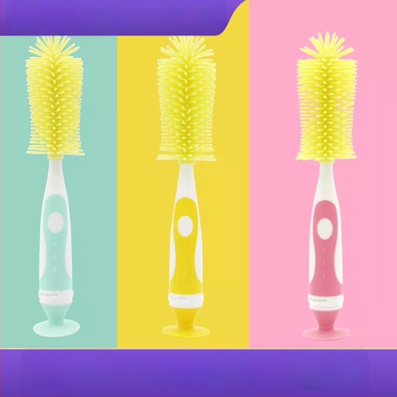 Kūdikių buteliukų šepetėlių rinkinys: spenelio šepetėlis, vamzdelio šepetėlis ir silikono pasukamas valymo šepetėlis