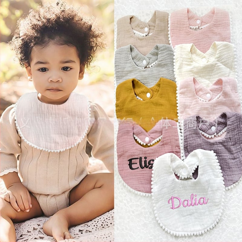 Kūdikių seilių servetėlė iš medvilnės marle, dviejų sluoksnių seersucker audinys su siuvinėjimu, skirtas kūdikiams 1–3 metų (80–100 cm), svoris 0,05 kg