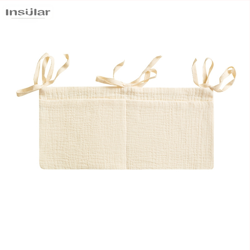 Babaágy melletti tároló táska dupla zsebekkel, pamut anyag, falra akasztható, többfunkciós