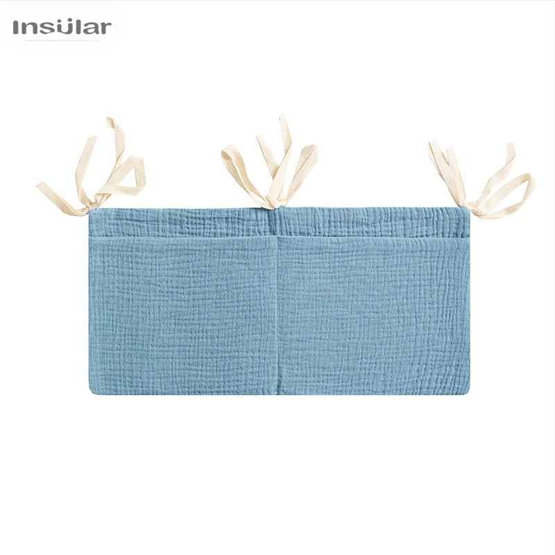 Babaágy melletti tároló táska dupla zsebekkel, pamut anyag, falra akasztható, többfunkciós