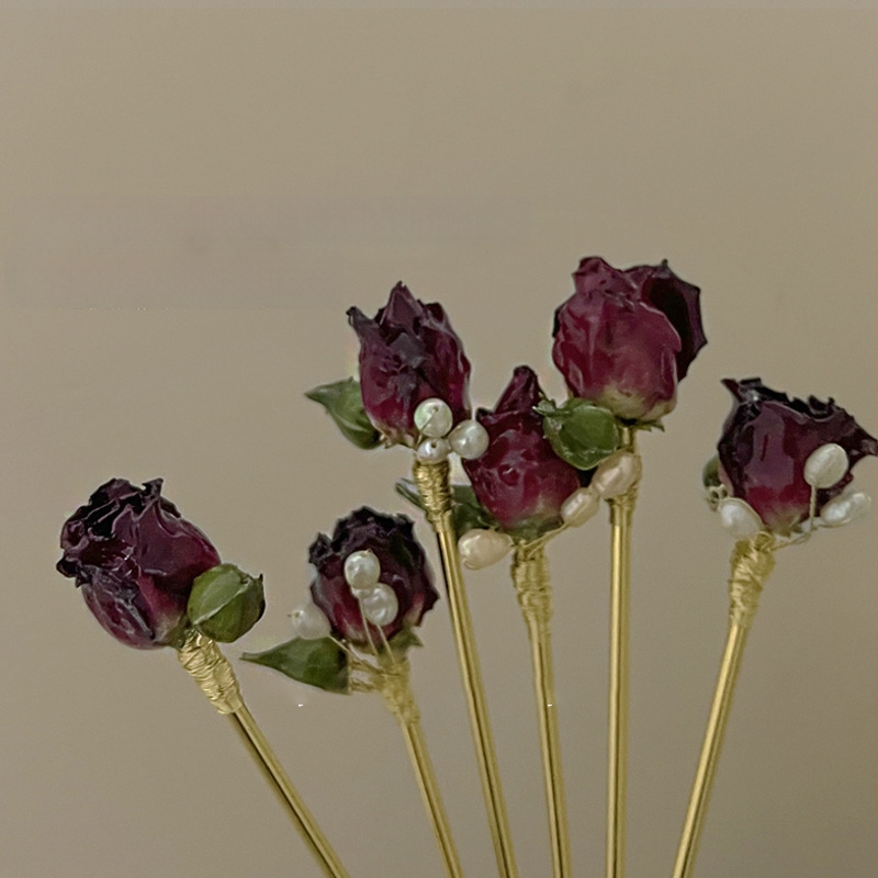 Galvos aksesuaras su retro perlo rožių džiovintomis gėlėmis plaukų segtukas, metalas, elektroplatinavimas, gėlių stilius, pritaikymas galimas
