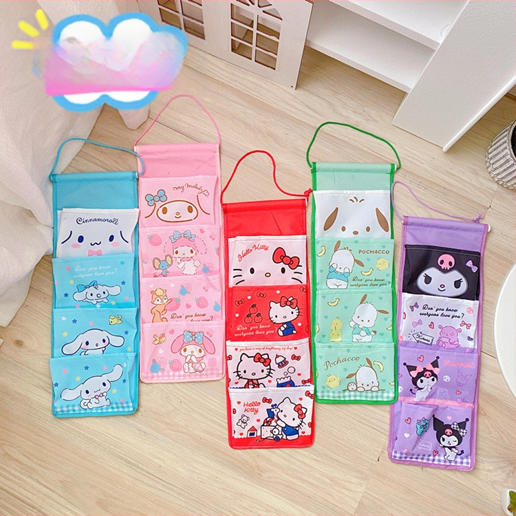 Fali függő táska 4 rekesszel, pamutból, rajzfilmszerű stílusú, lapos dizájn, hálószobai tároláshoz, többfunkciós