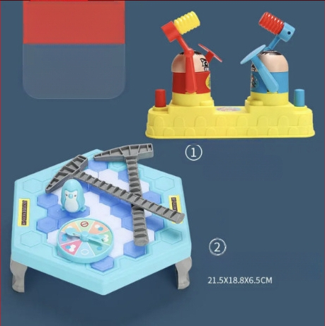 Детска интерактивна настолна игра: Спасение на пингвини и разбиване на лед — пластмаса; развива визуално възприятие, интелект и координация ръка-очи; за възрастови групи 4–6, 7–14 и 15–35.