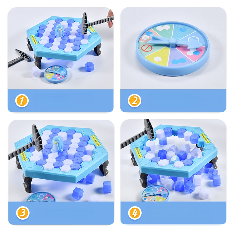 Детска интерактивна настолна игра: Спасение на пингвини и разбиване на лед — пластмаса; развива визуално възприятие, интелект и координация ръка-очи; за възрастови групи 4–6, 7–14 и 15–35.