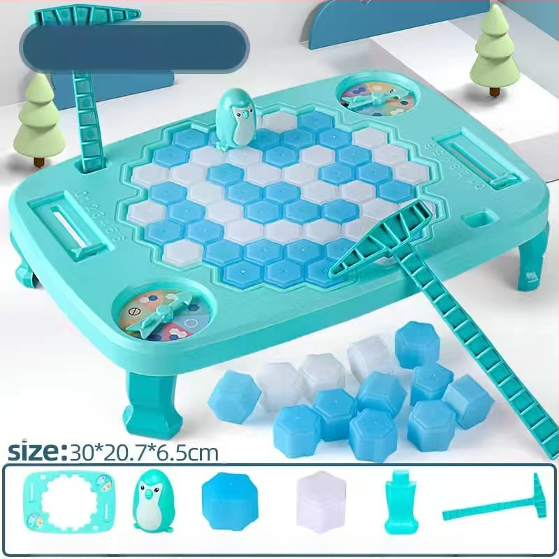 Детска интерактивна настолна игра: Спасение на пингвини и разбиване на лед — пластмаса; развива визуално възприятие, интелект и координация ръка-очи; за възрастови групи 4–6, 7–14 и 15–35.