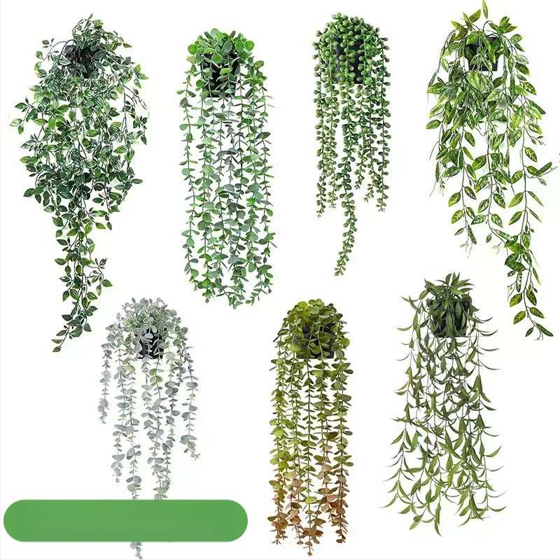 Dirbtinis kabančios formos bonsai – eukaliptas, plastikiniai žiedai, vidaus ir lauko dekoravimui