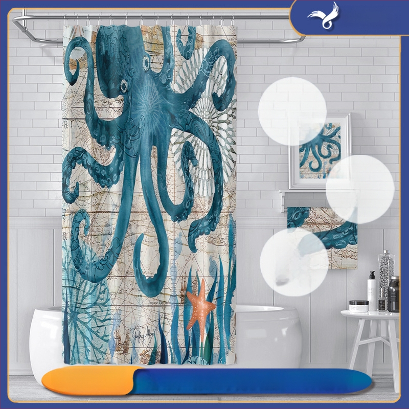 Dušas aizkars komplekts - jūrasdzīvnieku raksts, ūdensizturīgs un pelējuma izturīgs, materiāls: Chunya Spinning, stils: painting wind, pielāgojama logo, pielāgojama apstrāde