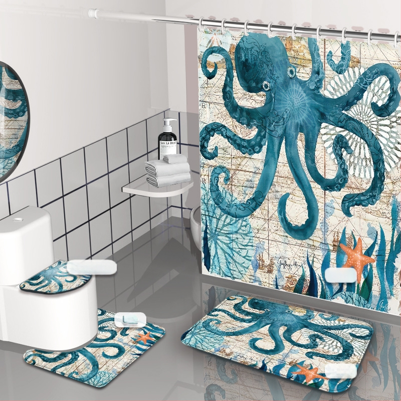 Dušas aizkars komplekts - jūrasdzīvnieku raksts, ūdensizturīgs un pelējuma izturīgs, materiāls: Chunya Spinning, stils: painting wind, pielāgojama logo, pielāgojama apstrāde