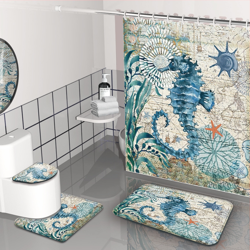 Dušas aizkars komplekts - jūrasdzīvnieku raksts, ūdensizturīgs un pelējuma izturīgs, materiāls: Chunya Spinning, stils: painting wind, pielāgojama logo, pielāgojama apstrāde