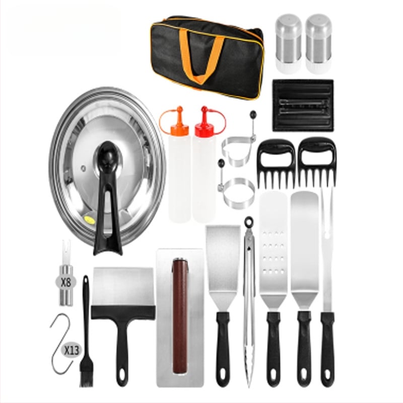 18 dalių nerūdijančio plieno kepsninės įrankių rinkinys su medinėmis rankenomis lauko teppanyaki kepimui; įskaitant klipsą, šepetėlį, šakutę ir mentele