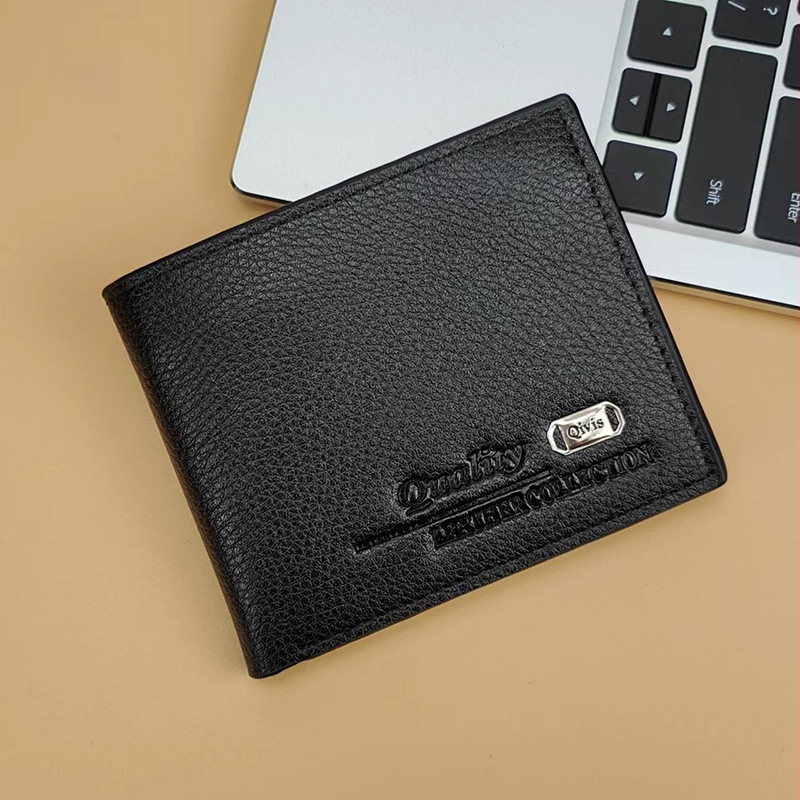 Мъжки портфейл с множество карти, голям капацитет, къс дизайн и клип за билети (PU leather, 2-fold, business commute, solid color, polyester lining)